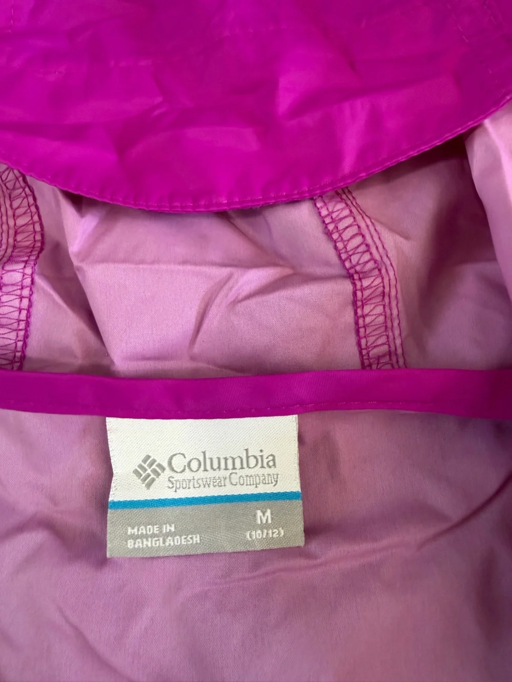 Columbia Girls Bright Pink Hooded Rain  Jacket with Teal Zipper